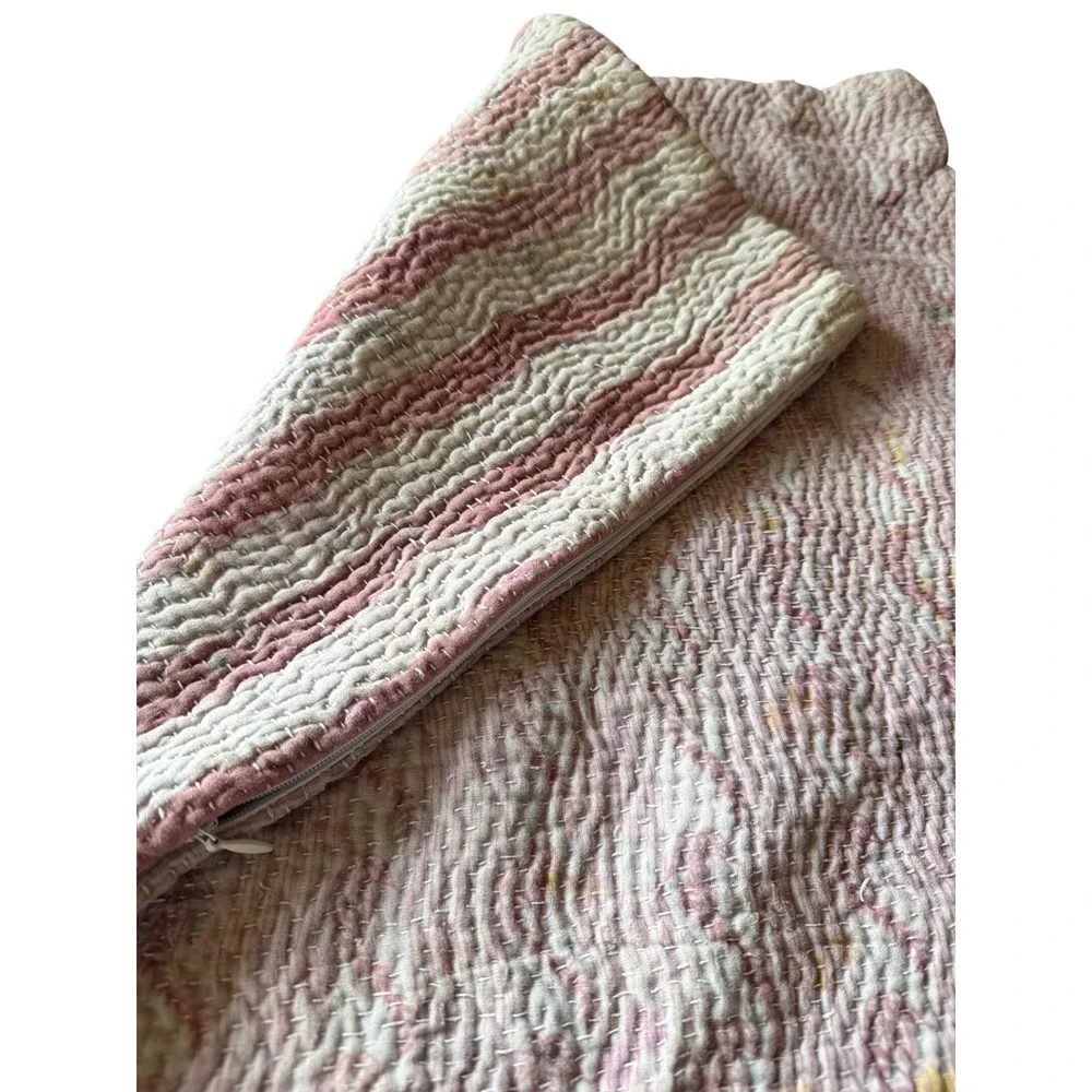 Boho Pillow Cover Pink Cream Kantha Stitch Striped Hand Quilted Square 16in